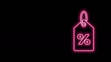 Parlayan neon hattı% indirimli etiket simgesi siyah arkaplanda izole edildi. Etiket alışverişi. Özel teklif işareti. İndirim kuponları sembolü. 4K Video hareketli grafik canlandırması