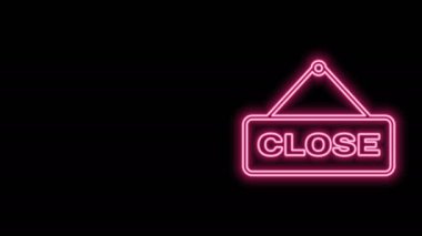 Siyah arkaplanda izole edilmiş metin kapat simgesiyle parlayan neon hattı asılı. Kafe ya da restoran için iş teması. 4K Video hareketli grafik canlandırması