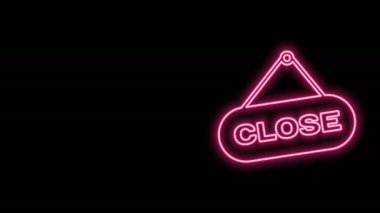 Siyah arkaplanda izole edilmiş metin kapat simgesiyle parlayan neon hattı asılı. Kafe ya da restoran için iş teması. 4K Video hareketli grafik canlandırması