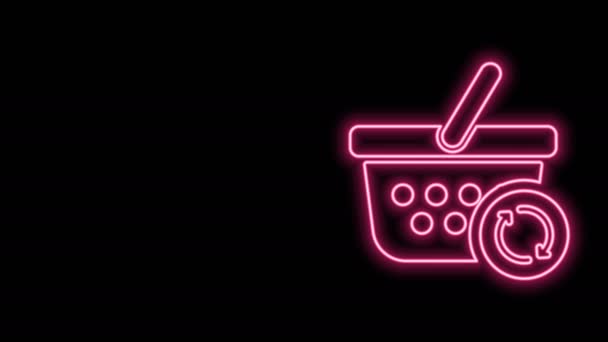 Glowing neon line Refresh shopping basket icon isolated on black background. Online buying concept. Delivery service sign. Update supermarket basket. 4K Video motion graphic animation — Stock Video