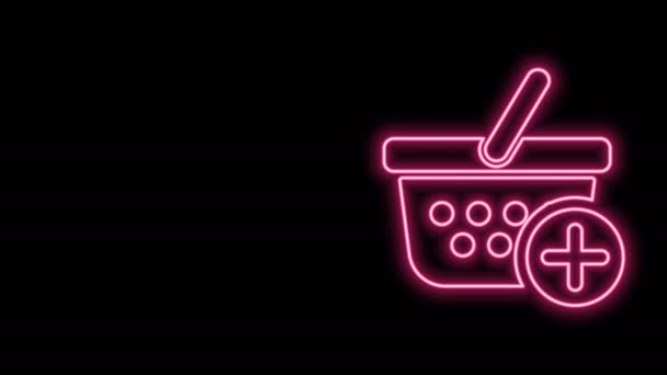 Glowing neon line Add to Shopping basket icon isolated on black background. Online buying concept. Delivery service sign. Supermarket basket symbol. 4K Video motion graphic animation — Stock Video