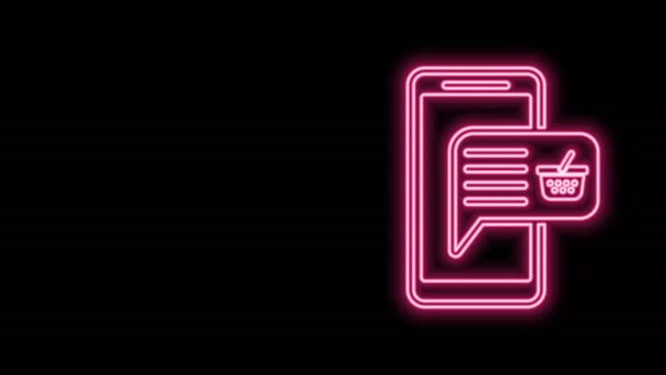 Glödande neon line Mobiltelefon och varukorg ikon isolerad på svart bakgrund. Onlineköp symbol. Korgsymbol för snabbköp. 4K Video motion grafisk animation — Stockvideo