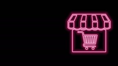 Siyah arka planda izole edilmiş alışveriş arabası ikonu olan parlayan neon hattı alışveriş merkezi ya da market. Dükkan inşaatı. Süpermarket sepeti sembolü. 4K Video hareketli grafik canlandırması