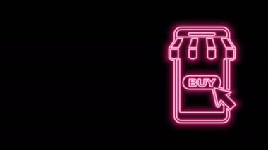 Parlak neon hattı cep telefonu ve siyah arka planda çizgili tente ikonu olan alışveriş arabası. İnternetten satın alma sembolü. Süpermarket sepeti sembolü. 4K Video hareketli grafik canlandırması