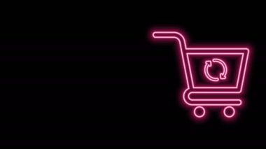 Parlayan neon hattı, siyah arka planda izole edilmiş, yenilenmiş alışveriş arabası simgesi. İnternetten satın alma konsepti. Servis tabelası. Süpermarket sepeti sembolünü güncelle. 4K Video hareketli grafik canlandırması