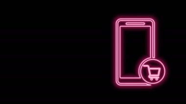 Parlayan neon hattı cep telefonu ve alışveriş arabası simgesi siyah arka planda izole edildi. İnternetten satın alma sembolü. Süpermarket sepeti sembolü. 4K Video hareketli grafik canlandırması