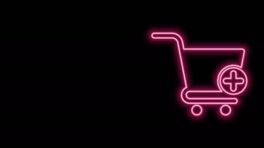 Parlayan neon hattı Siyah arkaplanda izole edilmiş alışveriş arabası simgesine ekle. İnternetten satın alma konsepti. Servis tabelası. Süpermarket sepeti sembolü. 4K Video hareketli grafik canlandırması