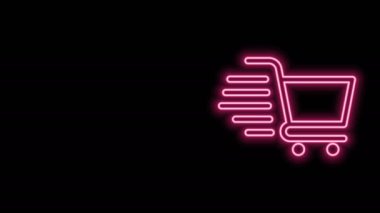 Parlayan neon hattı alışveriş arabası simgesi siyah arka planda izole edildi. İnternetten satın alma konsepti. Servis tabelası. Süpermarket sepeti sembolü. 4K Video hareketli grafik canlandırması