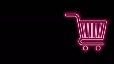 Parlayan neon hattı alışveriş arabası simgesi siyah arka planda izole edildi. İnternetten satın alma konsepti. Servis tabelası. Süpermarket sepeti sembolü. 4K Video hareketli grafik canlandırması