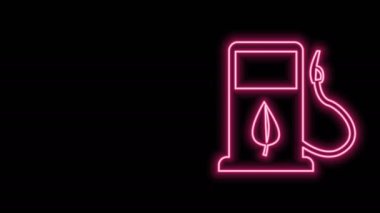 Parlayan neon hattı biyoyakıt konsepti yakıt başlığı ve yaprak ikonu siyah arka planda izole edildi. Yapraklı benzin istasyonu. Eko yakıt ikmali. 4K Video hareketli grafik canlandırması