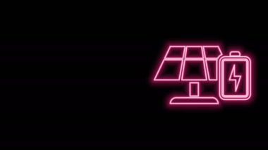 Parlayan neon hattı güneş enerjisi paneli ve batarya ikonu siyah arkaplanda izole edildi. 4K Video hareketli grafik canlandırması