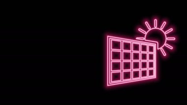 Parlayan neon hattı güneş enerjisi paneli ve siyah zemin üzerinde izole edilmiş güneş ikonu. 4K Video hareketli grafik canlandırması