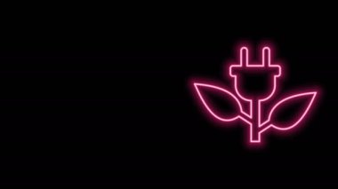 Siyah arkaplanda izole edilmiş yaprak simgesinde parlayan neon hattı elektrik kaydediliyor. Enerji tasarrufu ikonu. Çevre koruma ikonu. Biyolojik enerji. 4K Video hareketli grafik canlandırması