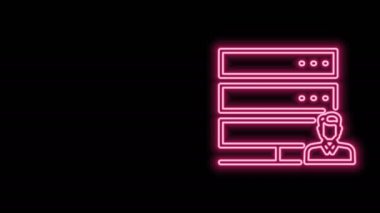 Parlayan neon hattı müşteri hizmetleri sunucusu simgesi siyah arkaplanda izole edildi. Erkek operatörle teknik destek konsepti. Çağrı merkezi işareti. 4K Video hareketli grafik canlandırması