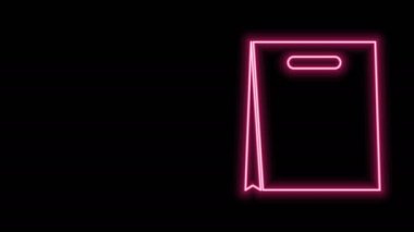 Parlayan neon hattı kağıt poşet ikonu siyah arka planda izole edildi. Paket işareti. 4K Video hareketli grafik canlandırması