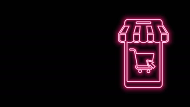 Linha de néon brilhante Telefone celular e carrinho de compras com ícone de toldo listrado isolado no fundo preto. Símbolo de compra online. Símbolo da cesta de supermercado. Animação gráfica em movimento de vídeo 4K — Vídeo de Stock
