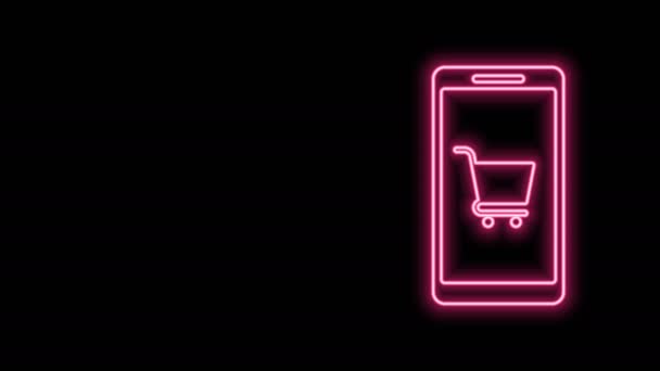 Glowing neon line Mobile phone and shopping cart icon isolated on black background. Online buying symbol. Supermarket basket symbol. 4K Video motion graphic animation — Stock Video