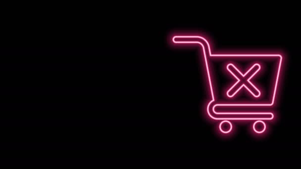 Glowing neon line Remove shopping cart icon isolated on black background. Online buying concept. Delivery service sign. Supermarket basket and X mark. 4K Video motion graphic animation — Stock Video