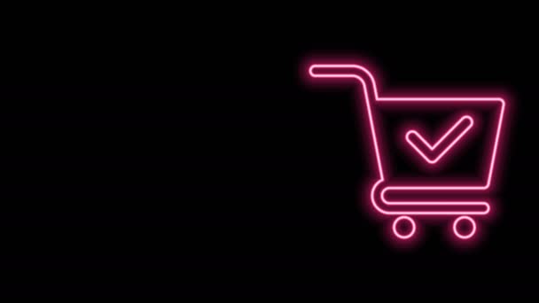 Glowing neon line Shopping cart with check mark icon isolated on black background. Supermarket basket with approved, confirm, done, tick, completed symbol. 4K Video motion graphic animation — Stock Video