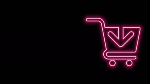 发光的霓虹灯线添加到购物车图标隔离在黑色背景.网上购物的概念。送货服务标志。超级市场篮子的象征.4K视频运动图形动画 — 图库视频影像