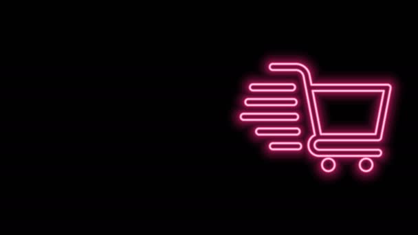 Zářící neonová čára Ikona nákupního košíku izolovaná na černém pozadí. Online nákupní koncept. Podpis doručovací služby. Symbol supermarketu. Grafická animace pohybu videa 4K — Stock video