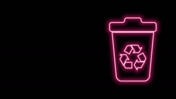 Línea de neón brillante Papelera de reciclaje con icono de símbolo de reciclaje aislado sobre fondo negro. Icono de bote de basura. Cartel de basura. Reciclar signo de cesta. Animación gráfica de vídeo 4K — Vídeo de stock