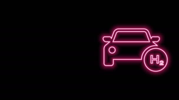 Linea neon incandescente Icona auto idrogeno isolata su sfondo nero. Segnale stazione H2. Idrogeno auto a celle a combustibile eco-compatibile zero emissioni. Animazione grafica 4K Video motion — Video Stock