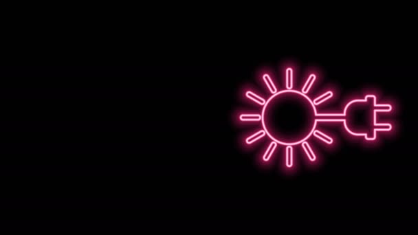 Zářící neonová čára Slunce s elektrickou zástrčkou ikona izolované na černém pozadí. Koncept úspory energie. Grafická animace pohybu videa 4K — Stock video