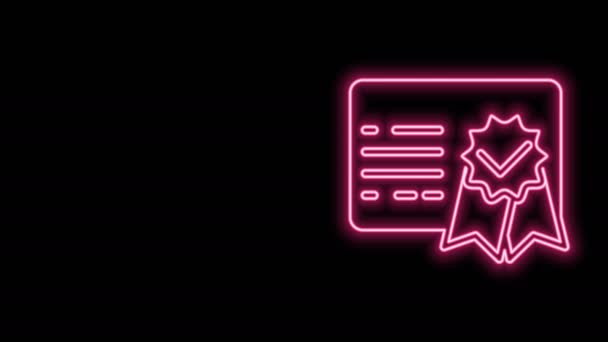 Glowing neon line Certificate template icon isolated on black background. Prestasi, penghargaan, gelar, hibah, diploma. Sertifikat sukses bisnis. Animasi grafis gerak Video 4K — Stok Video