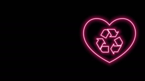 Glödande neon line Miljövänlig hjärta ikon isolerad på svart bakgrund. Hjärtats eko återvinning natur bio. Miljökoncept. 4K Video motion grafisk animation — Stockvideo
