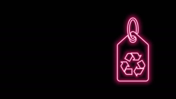 Glödande neon line Tag med återvinna symbol ikon isolerad på svart bakgrund. Banner, etikett, etikett, logotyp, klistermärke för miljögrönt. 4K Video motion grafisk animation — Stockvideo