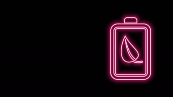 Leuchtende Neon-Linie Eco nature leaf und Batterie-Symbol isoliert auf schwarzem Hintergrund. Energie basierend auf ökologischem Sparkonzept. 4K Video Motion Grafik Animation — Stockvideo