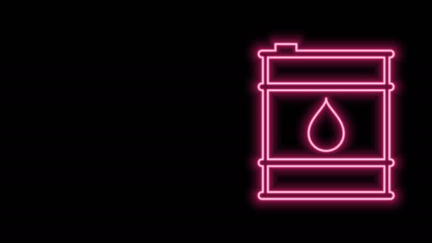Zářící neonová čára Ikona olejové barely izolovaná na černém pozadí. Kontejner s olejem. Pro infografiku, palivo, průmysl, energetiku, ekologii. Grafická animace pohybu videa 4K — Stock video