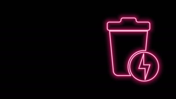 Glowing neon line Lightning with trash can icon isolated on black background. Waste to energy. Garbage bin sign. Recycle basket sign. 4K Video motion graphic animation — Stock Video