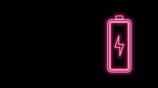 Glowing neon line Battery icon isolated on black background. Lightning bolt symbol. 4K Video motion graphic animation — Stock Video