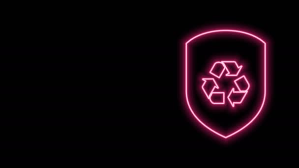 Glowing neon line Recycle symbol inside shield icon isolated on black background. Eco protection sign. 4K Video motion graphic animation — Stock Video