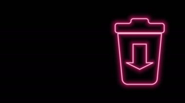 Parlayan neon hattı siyah arkaplanda izole edilmiş çöp simgesine gönder. 4K Video hareketli grafik canlandırması