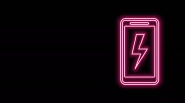 Parlayan neon hattı Smartphone şarj edilen pil simgesi siyah arkaplanda izole edildi. Şarjı az bir telefon. 4K Video hareketli grafik canlandırması