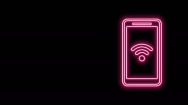 Siyah arkaplanda izole edilmiş ücretsiz kablosuz bağlantı ikonu olan parlak neon hattı akıllı telefon. Kablosuz teknoloji, kablosuz bağlantı, kablosuz ağ. 4K Video hareketli grafik canlandırması