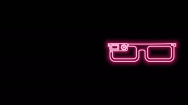Siyah arkaplanda izole edilmiş gözlük simgesine yerleştirilmiş parlak neon çizgisi. Giyilebilir elektronik, akıllı gözlüklü, kameralı ve ekranlı. 4K Video hareketli grafik canlandırması