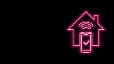 Parlayan neon hattı Akıllı ev - uzaktan kontrol sistemi simgesi siyah arkaplanda izole edildi. 4K Video hareketli grafik canlandırması