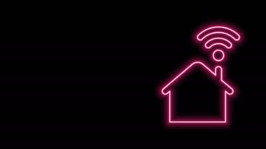 Siyah arkaplanda kablosuz internet ikonu olan parlak neon hattı Smart evi. Uzaktan kumanda. 4K Video hareketli grafik canlandırması