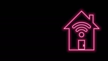 Siyah arkaplanda kablosuz internet ikonu olan parlak neon hattı Smart evi. Uzaktan kumanda. 4K Video hareketli grafik canlandırması