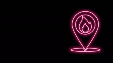Siyah arkaplanda izole edilmiş ateş alev ikonu olan parlak neon çizgili harita işaretçisi. Yakında yangın var. 4K Video hareketli grafik canlandırması