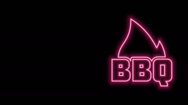 Parlak neon hattı. Siyah zemin üzerinde izole edilmiş barbekü alevi ikonu. Isı sembolü. Barbekü ızgara partisi. 4K Video hareketli grafik canlandırması