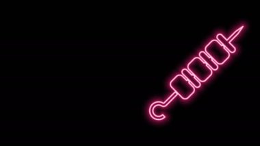 Siyah zemin üzerinde parlayan neon hattı ızgara şiş kebap. Şiş çubukta et kebabı. Izgara etle piknik. 4K Video hareketli grafik canlandırması