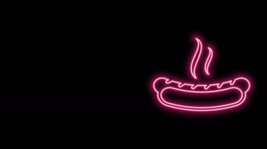 Siyah zemin üzerinde hardal simgesi olan parıldayan neon hattı Hotdog sandviçi. Sosis ikonu. Fast food burcu. 4K Video hareketli grafik canlandırması