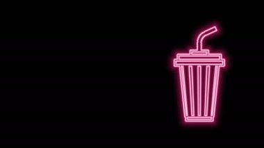 Siyah zemin üzerinde su ikonu olan parlak neon çizgisi. Soda bardağı ve pipet içmek. Taze soğuk içecek sembolü. 4K Video hareketli grafik canlandırması