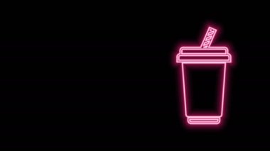 Siyah zemin üzerinde su ikonu olan parlak neon çizgisi. Soda bardağı ve pipet içmek. Taze soğuk içecek sembolü. 4K Video hareketli grafik canlandırması