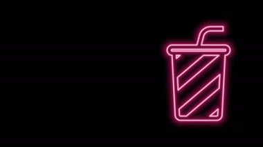 Siyah zemin üzerinde su ikonu olan parlak neon çizgisi. Soda bardağı ve pipet içmek. Taze soğuk içecek sembolü. 4K Video hareketli grafik canlandırması